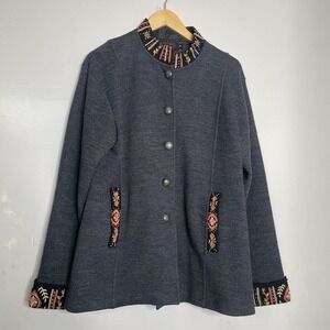 Icelandic Design‎ Gray Wool Cardigan Sweater Jacket Womens XL Embroidered